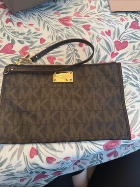 Michael Kors Brown MK Logo Wristlet with Gold Plate 7x10